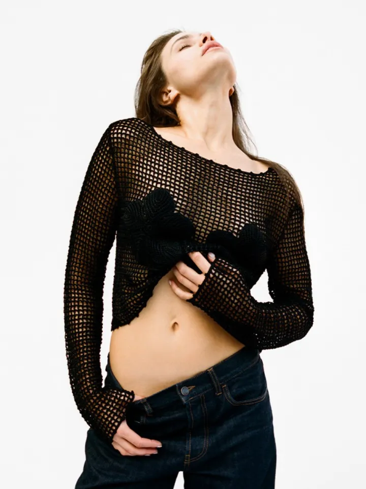 Store Crochet Flower Top - Black Women Tops