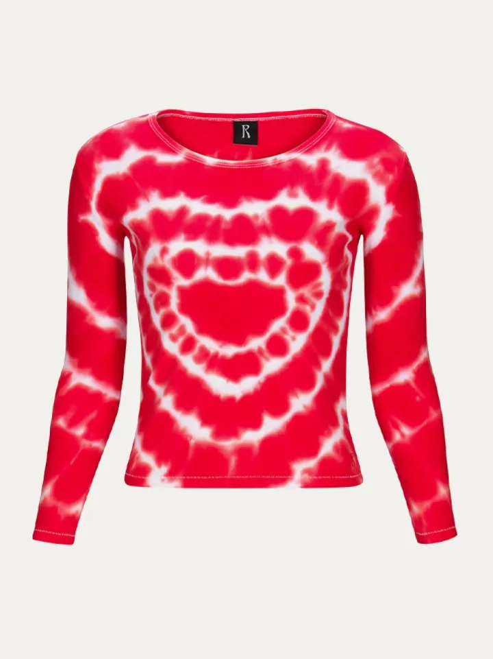 Cheap Heart Long Sleeve Tee - Red Tie Dye Women Tees